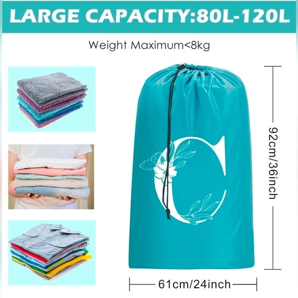 2 Pack Turquoise Personalized XL Laundry Bags *LETTER C* Portable Hamper 24 x 36 - Picture 2 of 5
